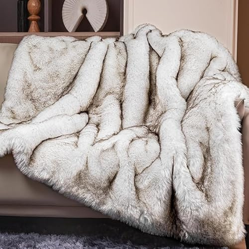 ROMROL Luxury 1000GSM Faux Fur Throw Blanket, Super Thick Warm Cozy Blankets for Couch Bed Sofa, Plush Fuzzy Elegant Soft Reversible Mink Blanket for Home Decor, Whitebrown, 150x200 CM