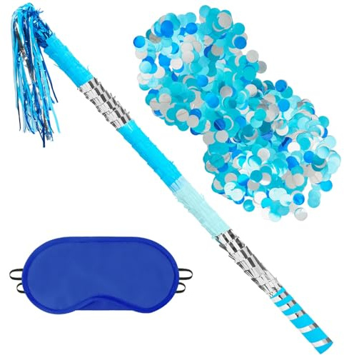 WERNNSAI Blau Pinata Stock – 76cm Pinata Kindergeburtstag Stock | Augenbinde und Pailletten Lange Schläger Glitzer Komplettes Partyspiel Zubehör Set