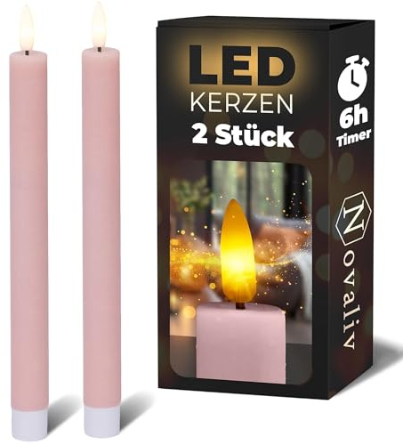 Novaliv Stabkerzen LED mit Timer PINK 2 Stück Indoor 6 Stunden - ECHTWACHS 24,5cm Höhe für Kerzen 2,2cm Durchmesser 2 AAA Batterien notwendig LED Stabkerzen flackernde Flamme bewegliche Flamme Licht