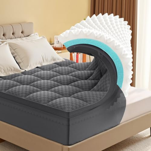 Full Size Mattress Topper, 4.5 Inch Memory Foam Mattress Topper for Back Pain, 2.5 Cooling Memory Foam Soft and Supportive + 2 Pillow Top Mattress Pad Cover, with 8-21 Deep Pocket, Dark Gray
