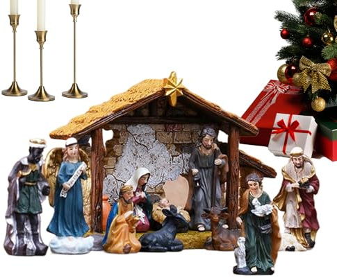 Huitrcrio Traditional Christmas Nativity Set With Stable, Figures & Crib - Home Decor Resin Jesus Birth Scene
