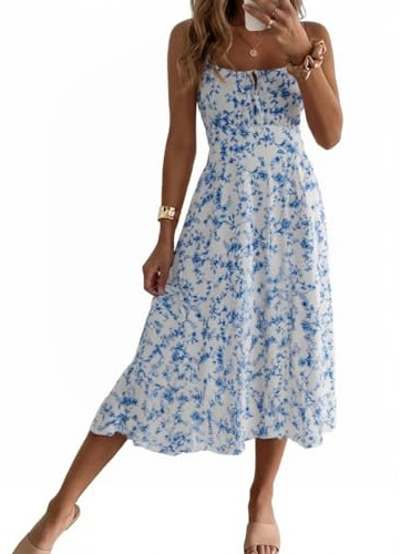 Cicy Bell Abito Estivo da Donna, con Motivo Floreale, Senza Maniche, con Spalline, Azzurro, M
