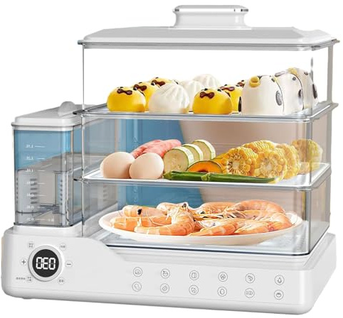 Vaporera Eléctrica de 3 Niveles de 24 Litros, Tanque de Agua Separado de 1,5 Litros con Inicio Retardado de 24 Horas y Vapor Instantáneo, Cestas Apilables con Apagado Automático Para Verduras, white