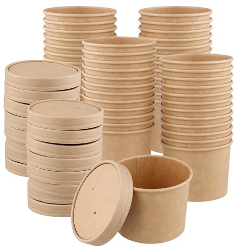 KEILEOHO 50 stycken 350 ml soppkoppar med lock, 350 ml pappersmugg med lock, matbägare kartong för soppa, glass