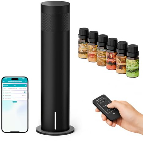 Wasserloser Aroma Diffuser Set mit 6 Ätherische Öle, 120ML | Smart wasserloser Diffusor‑Set, Duftöl Diffuser für Ätherische Öle, App-Steuerung, Fernbedienung, Timer, Hotel Scent, 140 m²