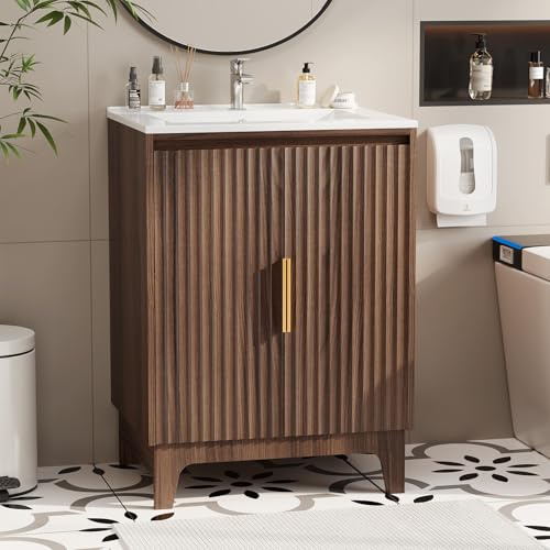 Bonnlo Waschbecken mit Unterschrank, Weißer 2-türiger Badezimmerschrank, Waschbeckenunterschrank mit Aufbewahrung an beiden Türen, 60 x 47 x 85 cm (Nussbraun, 61 x 47 x 85 cm)