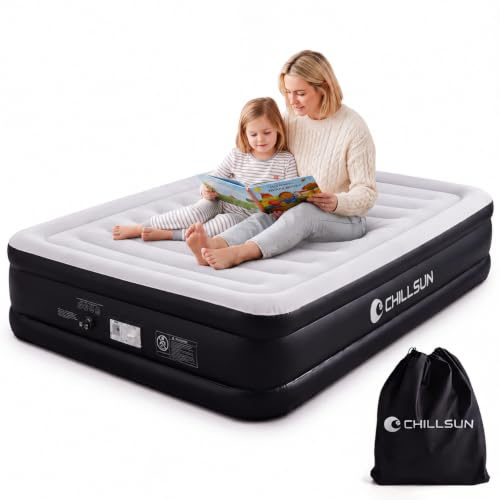 CHILLSUN Double Airbed, Inflatable Air Mattress with Built-in Pump, Flocked Surface Guest Blow Up Bed for Home & Camping 190cm L x 135cm W x 46cm H
