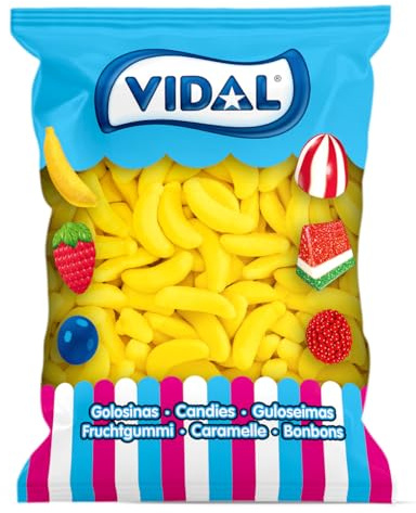 Vidal Golosinas. Bananas Gigantes Azúcar. Caramelo de goma en forma de plátano con cobertura de azúcar. Color amarillo. Sin gluten ni grasa. Bolsa 1 kg
