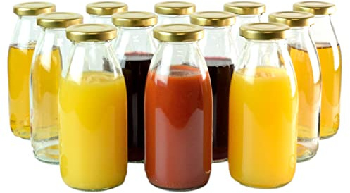 gouveo 12er Set Glasflasche 250 ml (0,25 l) Saftflasche 250 ml rund mit Schraubdeckel TO 43 goldfarben, runde Weithalsflaschen zum Abfüllen, Aufbewahren & Servieren (SF250G)