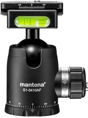 Mantona Fortress Kugelkopf 34 mm bis 10 kg, Stativkopf mit 360° Panorama-Funktion & 3 Wasserwaagen, inkl. Schnellwechselplatte und Friktionswegkontrolle