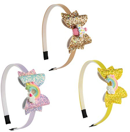 Minkissy Pailletten-Schleifen-Haarband, Glitzer-Haarreifen mit Regenbogen-Schleife, Knoten, Zähne, Kunststoff-Haarbänder für Kinder, Mädchen, 3 Stück (Muster 3)