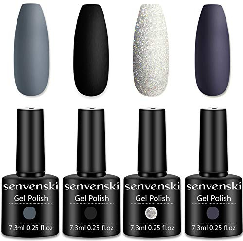 Senvenski Gel Nagellack Grau Schwarz Weiß Glitzer Dunkel Lila Holzkohle Schimmer UV LED Gift Set Kit Nagellack Kinder Mädchen (CS010)