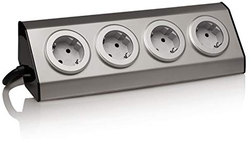 Multiprise d'angle en acier inoxydable, argenté, Schuko, USB, pour cuisine, bureau, montage en saillie à 45°, idéale pour plan de travail, autocollante, acier inoxydable : 4 x + câble de 1,5 m