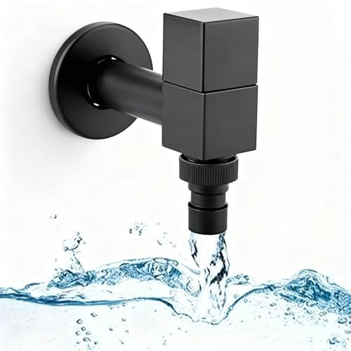 Tissting Garten Wasserhahn Aussen, Schwarz Matt Quadratischer Wandmontage Wasserhahn aus Messing G1/2 Zoll, Frostsicher für Waschmaschine, Pool und Badezimmer