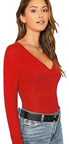 Women's Ladies Long Sleeve V Neck Basic Top Jersey Plain Stretchy Slim Fit Casual Wear T-Shirt Tee Tops 12-14 Red