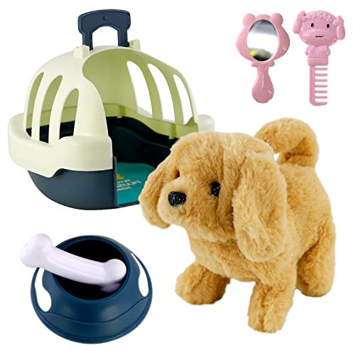 The Magic Toy Shop Electronic Walking Dog Toy Pet with Carrier & Accessories, 6 Pcs - Barking, Tail Wagging, Fluffy Plush - Includes Bowl, Bone, Mirror, Comb - Interactive Role Play Gift for Kids