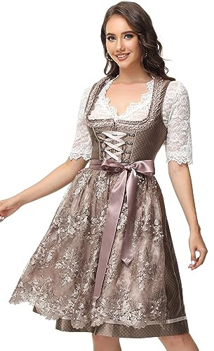 ELFIN Damen Midi Dirndl Elegante Trachtenkleid für Oktoberfest inkl. Spitzen Dirndlschürze Gr. 34-44