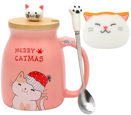 Tasse pour Chat Noël Mignonne Céramique 450ml Belle Tasse Chat Tasse à Café avec Couvercle et Cuillère en Acier Inoxydable, Tasse pour Chat Tasse à Thé Anniversaire Nouvel An Noël Cadeaux pour Femmes