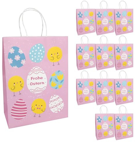 Idena 30393-12 - Geschenktüten, 12 Stück, Geschenktaschen in der Größe 18 x 8 x 23 cm, Papiertüten mit bunten Ostereiern und Küken