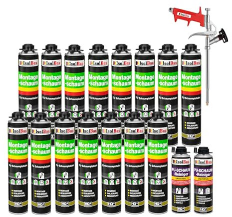 Isolbau Bauschaum-Set - Inkl. 15 x 1K Montageschaum B2 Pistolenschaum mit hervorragender Schall und Wärmedämmung (je 750 ml), 2 x PU-Schaum-Reiniger (500 ml) & 1 x Schaumpistole, Abdichten