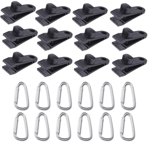 12Pcs Tarp Clips,Heavy Duty Tarp Clips,Tarpaulin Clips with 12Pcs Carabiner Clip for Tents Cover, Awning Outdoor Camping, Hiking Camping,Caravan Canopies