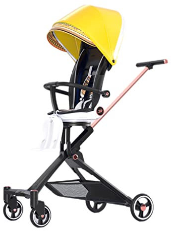 ZONABSQQ Kinderwagen Kinderwagen, leichte Kinderwagen mit hoher Landschaft, mit verstellbarem Verdeck, Aufbewahrungskorb, Fünf-Punkt-Sicherheitsgurt-Gelb Komfort und Sicherheit