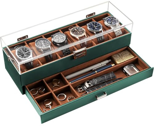 ProCase Uhrenbox mit 6 Fächern，Uhrenkasten mit Schublade, Men’s Watch Box, Uhrenaufbewahrung Uhrenkoffer Uhrenschatulle für Herren, Vatertagsgeschenk Uhr Aufbewahrungsbox - 6 Fächer, Grün