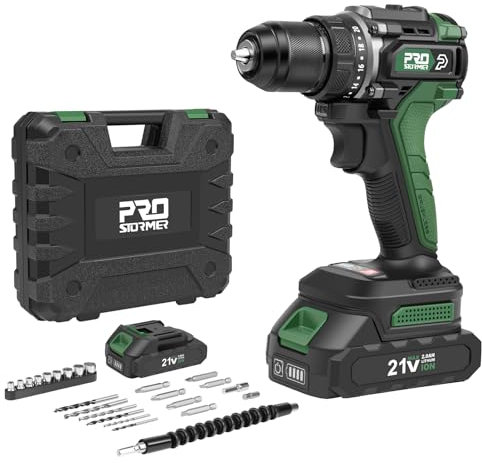 Prostormer Brushless Cordless Drill Set, 575 in.lbs Power Drill Driver, 3/8 Keyless Chuck, 20+1 Max Torque, 2pcs Batteries & Charger with 24 Pcs Drilling Bits & Storage Box