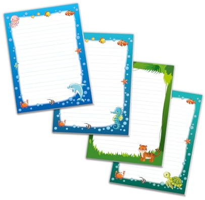 Schreibblock Blöcke Kindermotiv Tiere Notizblöcke mit Linien für Mädchen Jungen Briefblock Notizblock liniert 4er Set (4 Blöcke: Delfin, Seepferd, Tiger, Schildkröte mit je 25 Blätter in A5-Format)