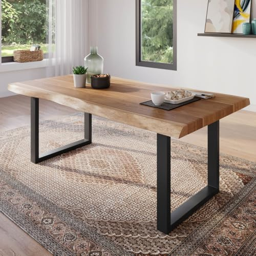 trelevo Esszimmertisch 180x90 cm, Akazienholz massiv, Tischplatte naturfarben, echte Baumkante, U-Gestell schwarz, Baumkantentisch