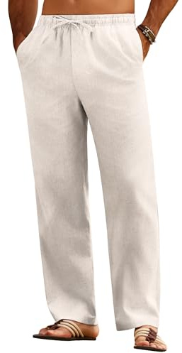 COOFANDY Pantaloni Estivi da Uomo, Pantalone Uomo Casual, in Lino e Cotone, Leggeri e Larghi, da Spiaggia, a Gamba Ampia Kaki Chiaro L