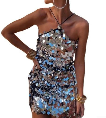 ZYWUOY Fashion Forward Damen Ärmelloses Paillettenkleid Rückenfreies Neckholder-Design Geeignet für elegante Abende