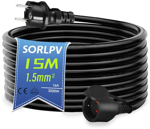 Sorlpv Verlängerungskabel Außen 15M, H05RR-F 3G1,5mm² Gummi Verlängerung Stromkabel Schwarz mit Schuko Steckdose inkl. Schutzkappe, IP44 Outdoor Verlängerungskabel 250V, 16A, 3500W