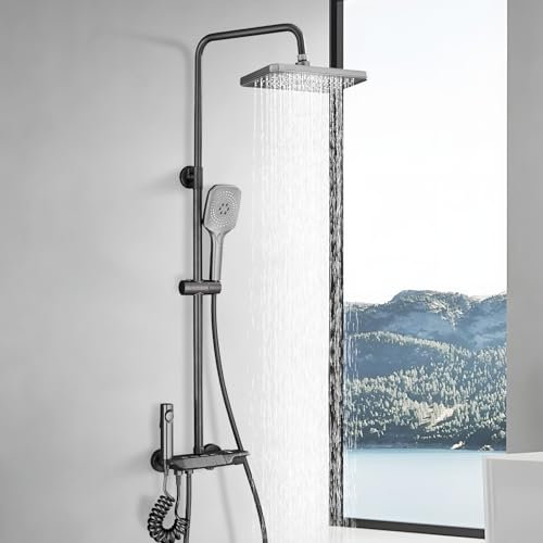 Cesinkin - Columna de ducha con sistema de ducha ajustable en altura de acero inoxidable, 4 modos de ducha con efecto lluvia, ducha de mano con 3 tipos de chorros, pistola de alta presión, grifo gris