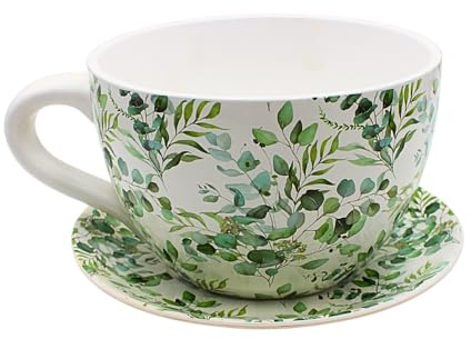 Dekohelden24 Blumentopf, Pflanztasse, Pflanzkübel, Pflanzgefäß, Blumenkübel, Pflanztopf. Übertopf als Tasse mit Griff aus Keramik, Motiv: Ranke, L/B/H 25 x 23 x14 cm.