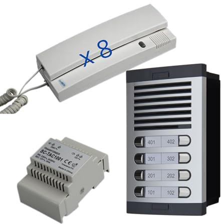 Portero Automático con Sistema de analogico 4+n, para comunidades Completo :Placa Calle,telefonillos Caja de empotrar y Fuente de alimentacion. gran calidad de fabricacion (8 viviendas)