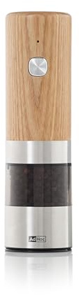 AdHoc i.Mill Elektrische Pfeffer- & Salzmühle, Design Gewürzmühle Esche | USB-C aufladbar, CeraCut Keramikmahlwerk fein bis grob, SilentDrive Motor, LED-Licht, Dosierhilfe, Holz & Edelstahl