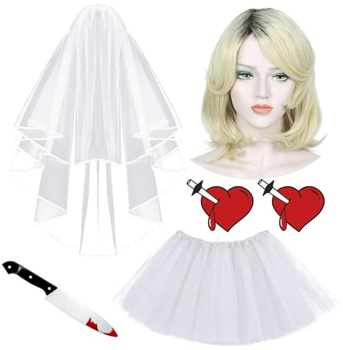 Mprocen Halloween Schleier Weiß Schleier Erwachsene Kostümzubehör Set 5PCS Perücke Schleier Aufkleber Messer Gefaltetes Kurze Kleider Party Karneval Hochzeit
