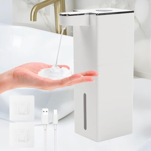Longzhuo Automatischer Seifenspender 400ml IPX5 Wasserdicht | Berührungslos mit Infrarotsensor (0.25s) | USB-Schaumtyp Seifenspender & Wandmontage ohne Bohren | Für Bad,Küche,Büro,Hotel,Weiß