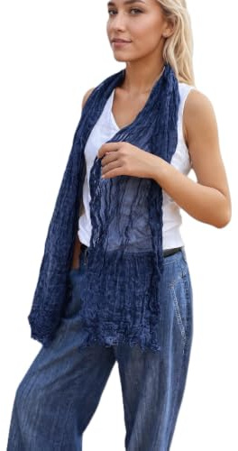 Prettystern Crinkle Leinen unisex Schal mit Struktur freizeit Kreppschal mit Crash-Effekt für Damen Herren T128 Blau