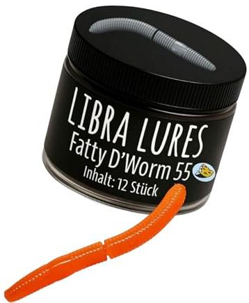 Libra Lures Fatty D`Worm Tournament 55mm Forellenköder Supersoft | 12 Stück | Aroma: Käse | Farbe: 011/ Hot Orange | Gummiköder Neuheiten | Erfolgreicher Forellen Angeln mit dem Fatty
