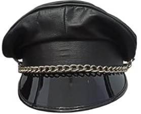 Muir Schirmmütze aus echtem feinstem weichem Leder mit Kette, Biker-Offiziersmütze, schwarz, 58 cm