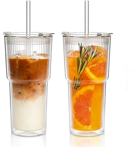 KEMORELA Doppelwandige Gläser Set 2er, Latte Macchiato Gläser, 600ml Gerippte Glasbecher mit Deckel & Strohhalm, Teegläser doppelwandig, Riffel-Design Trinkgläser für Kalt- & Heißgetränke