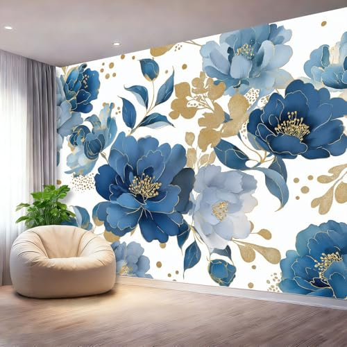 Carta da Parati Murale Acquerello Fiori Foglie per Parete, Decorazione Casa Soggiorno Camera da Letto, Blu Oro Stampa HD, Design Artistico, Rivestimento Murale, 200 x 140 cm