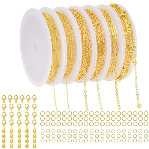 XDGBGFN 6 Rollen Schmuckherstellung Ketten Gliederkette Ketten zum Basteln Schmuckkette mit Karabinerverschlüssen und Biegeringen Zubehör für DIY Halsketten Armbänder (Gold)