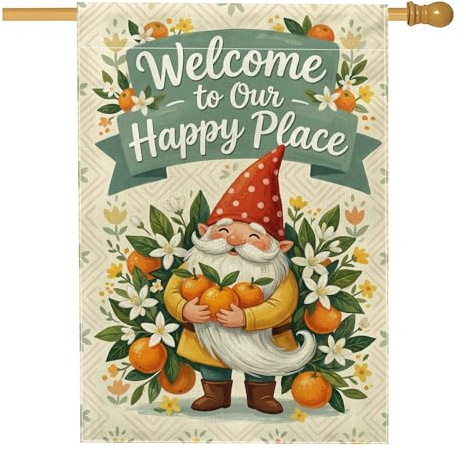 Drapeau de maison de nain rustique, fleurs d'oranges rustiques printanières, en toile de jute verte printanière, double face, pour porche, extérieur, terrasse, pelouse, entrée, camping - 71 x 101,6 cm