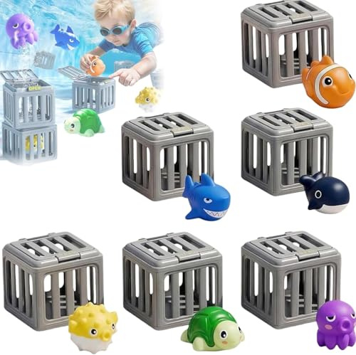 Generisch Tauchspielzeug für Kinder, Pool Tauchset mit Schatzsuche & Rettungsspiel, Unterwasser Tauchspielzeug mit Schwimmenden Tieren und Versenkbaren Käfigen für Jungen & Mädchen (6 Stück Set)