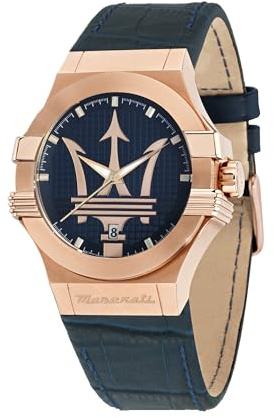 Maserati Reloj para Hombre, Colección Potenza, Movimiento de Cuarzo, Solo Tiempo con Fecha, en Acero, PVD Oro Rosa y Cuero - R8851108027