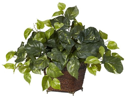 Nearly Natural Pothos with Coiled Rope Planter Silk Plant