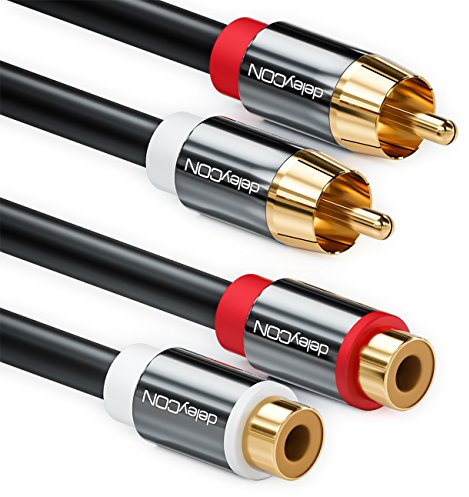 deleyCON 2m Cinch Verlängerung Cinch RCA Verlängerungskabel Stereo Audio Kabel 2x Cinch Stecker zu 2x Cinch Buchse vergoldete Metallstecker Schwarz